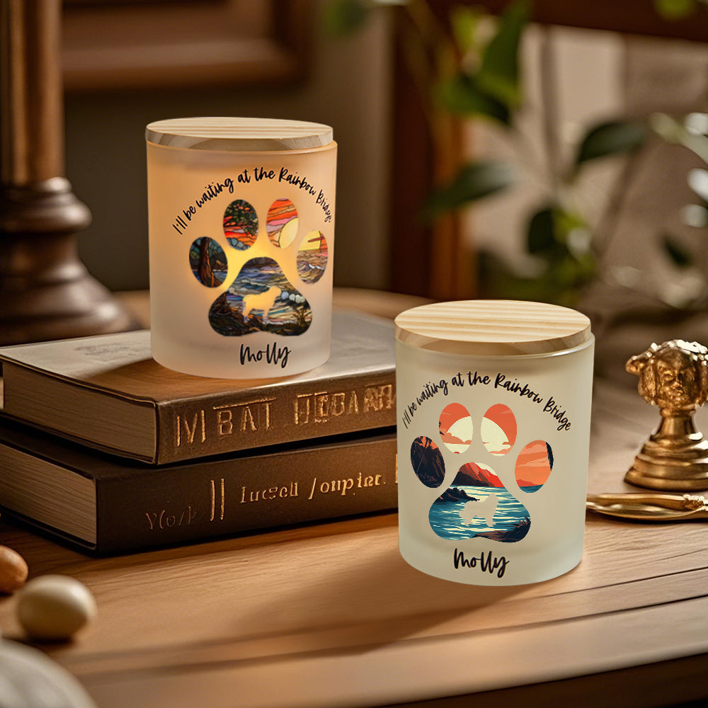 Personalized Dog Silhouette Rainbow Bridge Paw Candle Jar