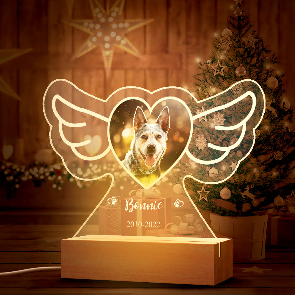 Angel Wings Dog Night Light – Personalized Acrylic Plaque with Wooden Base