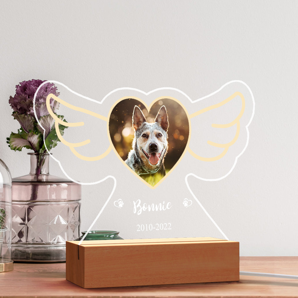 Angel Wings Dog Night Light – Personalized Acrylic Plaque with Wooden Base