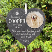 Personalized dog memorial garden slate with photo of Cooper, a sympathy gift for loss of a pet, made of slate