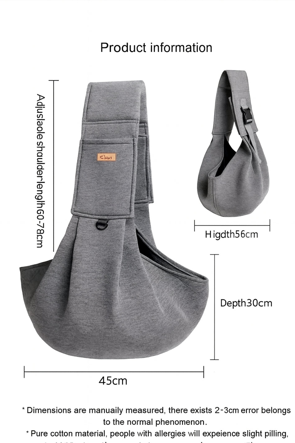Size chart for Crossbody Dog Carrier Backpack