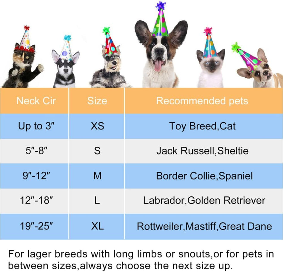 Size chart for Soft Inflatable Recovery Dog Collar