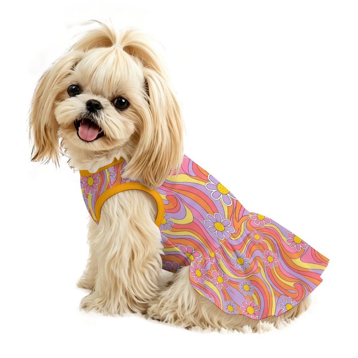 Retro Groovy Floral Small Dog Ruffle Dog Dress