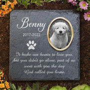 Pet memorial stone featuring Benny's image and touching quote