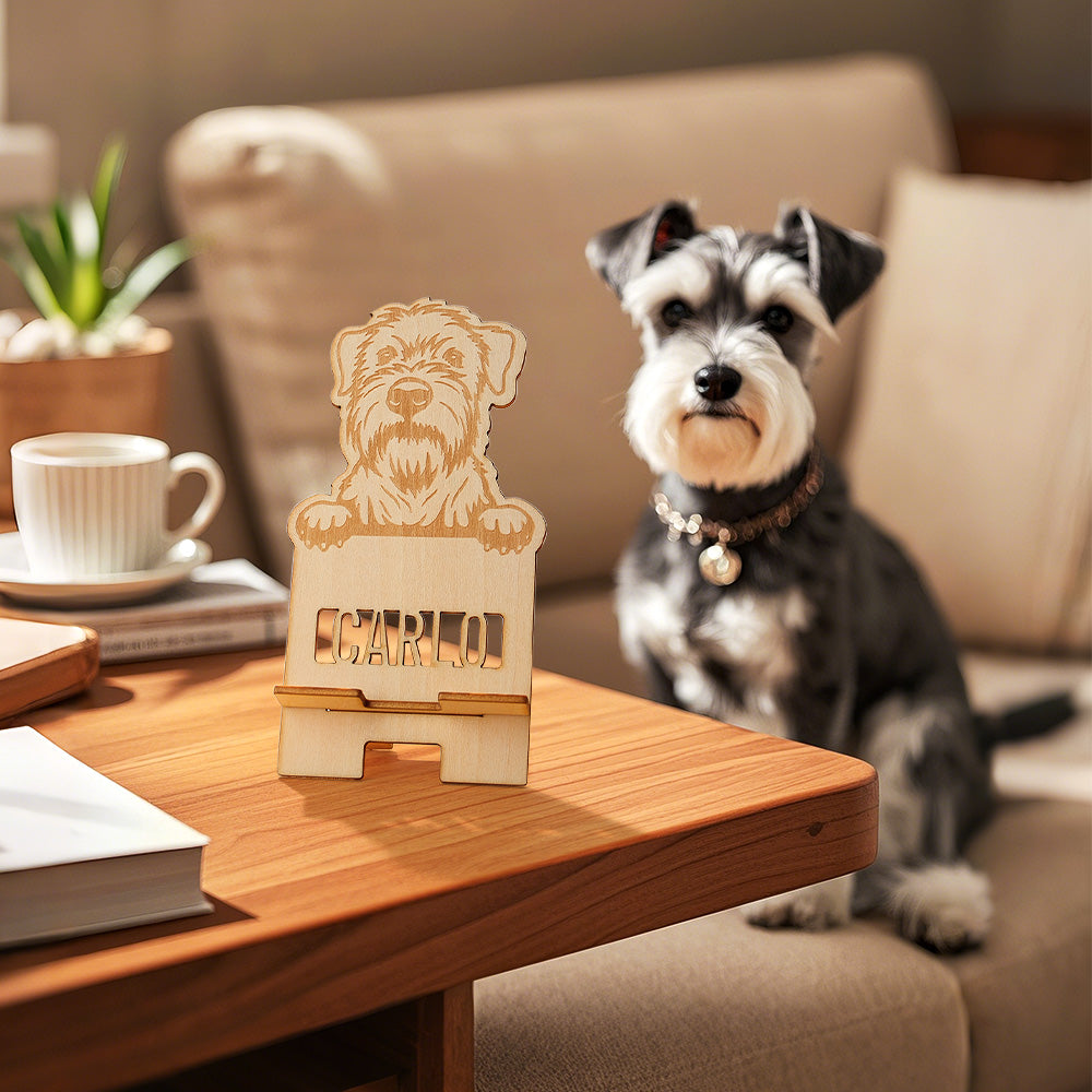 Personalized Engraved Dog Portrait Wooden Phone Stand