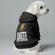 Maltese dog wearing a 'Pants Optional' hoodie