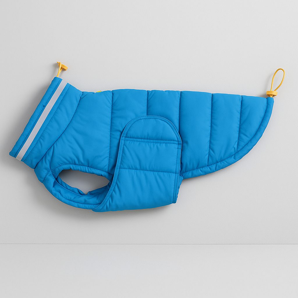 Blue dog coat with yellow zippers