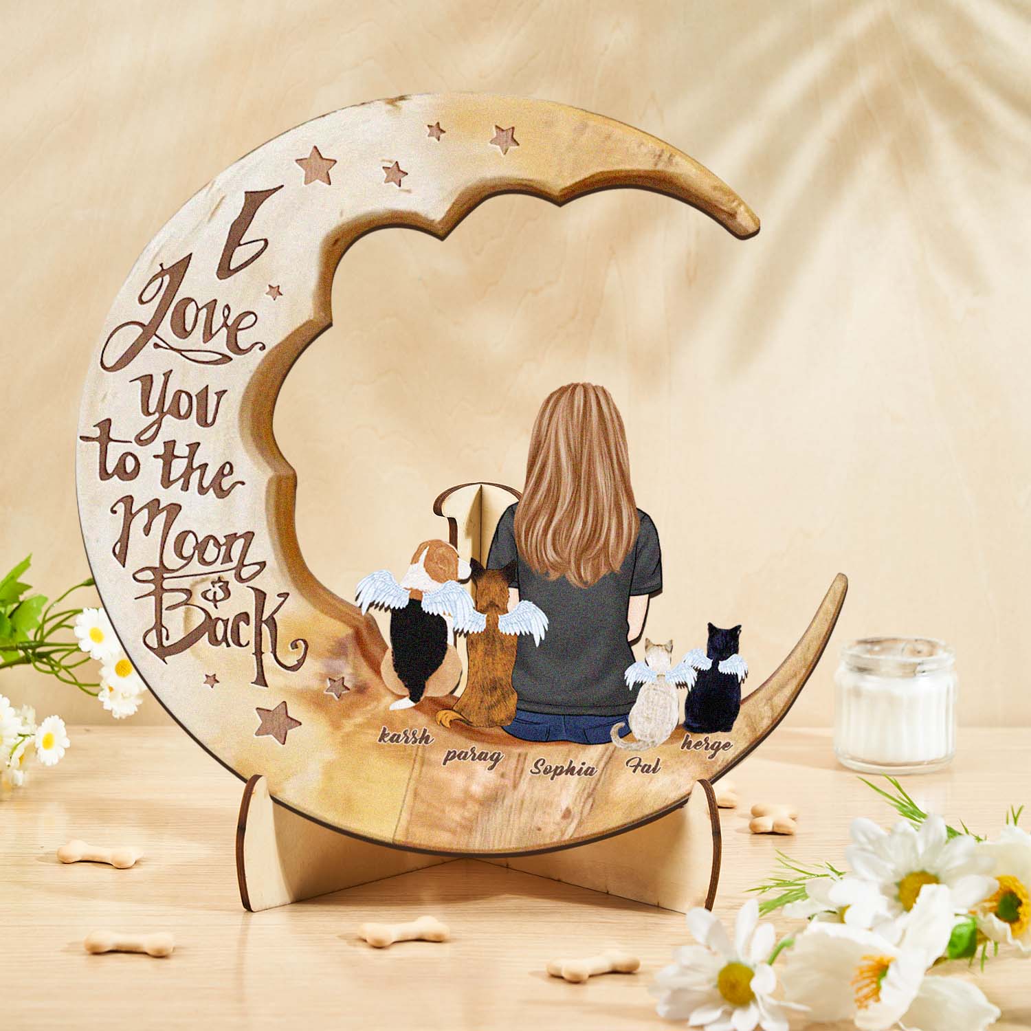 Personalized Dog Mom Moon Wooden Art – Custom Pet Lover Gift