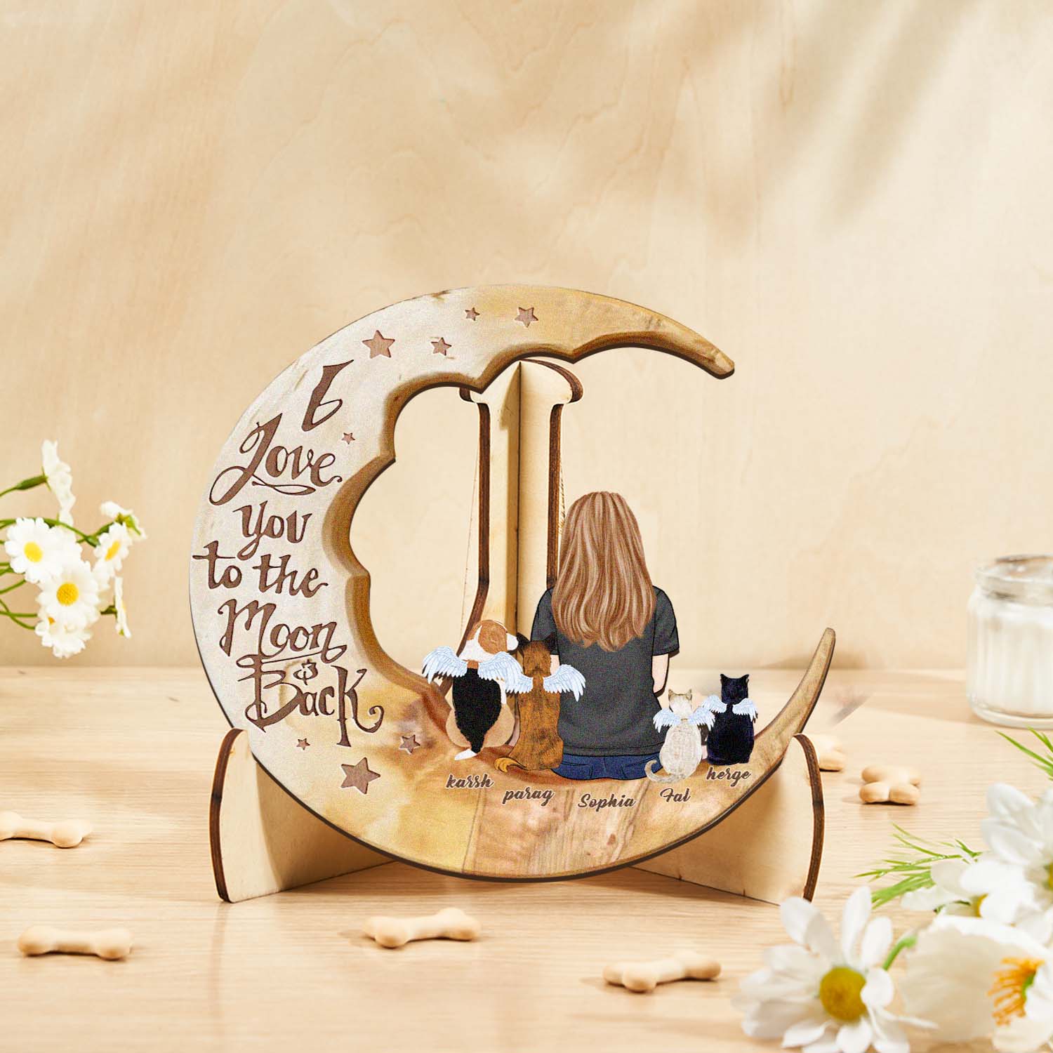 Personalized Dog Mom Moon Wooden Art – Custom Pet Lover Gift