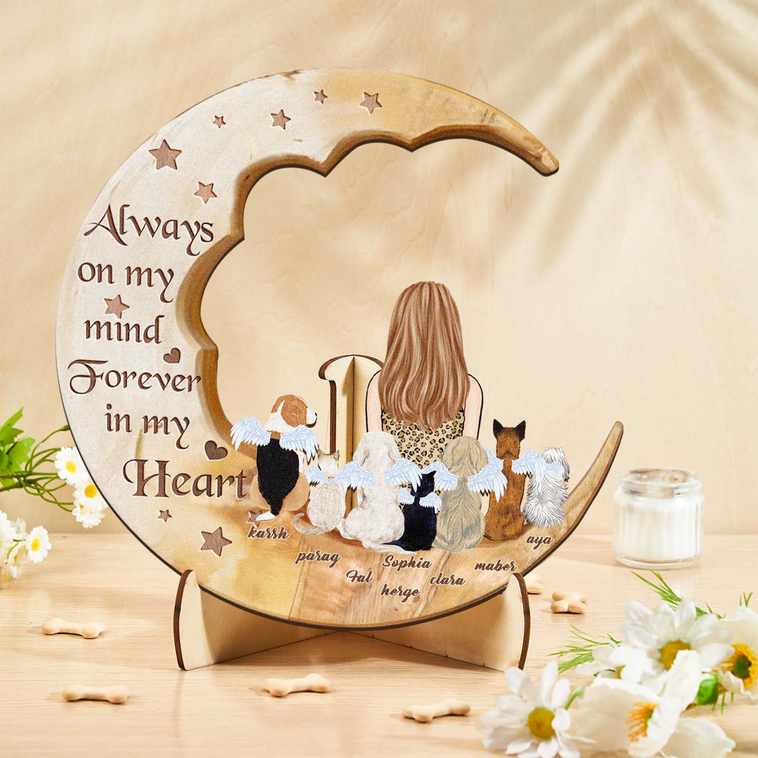 Personalized Dog Mom Moon Wooden Art – Custom Pet Lover Gift
