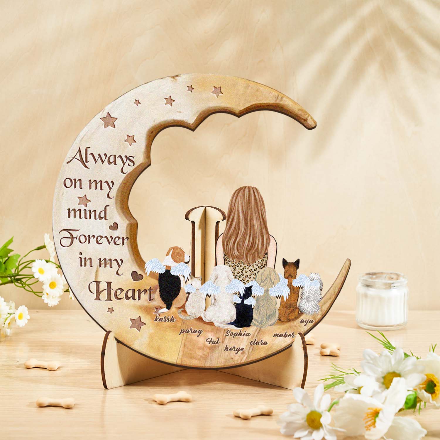 Personalized Dog Mom Moon Wooden Art – Custom Pet Lover Gift