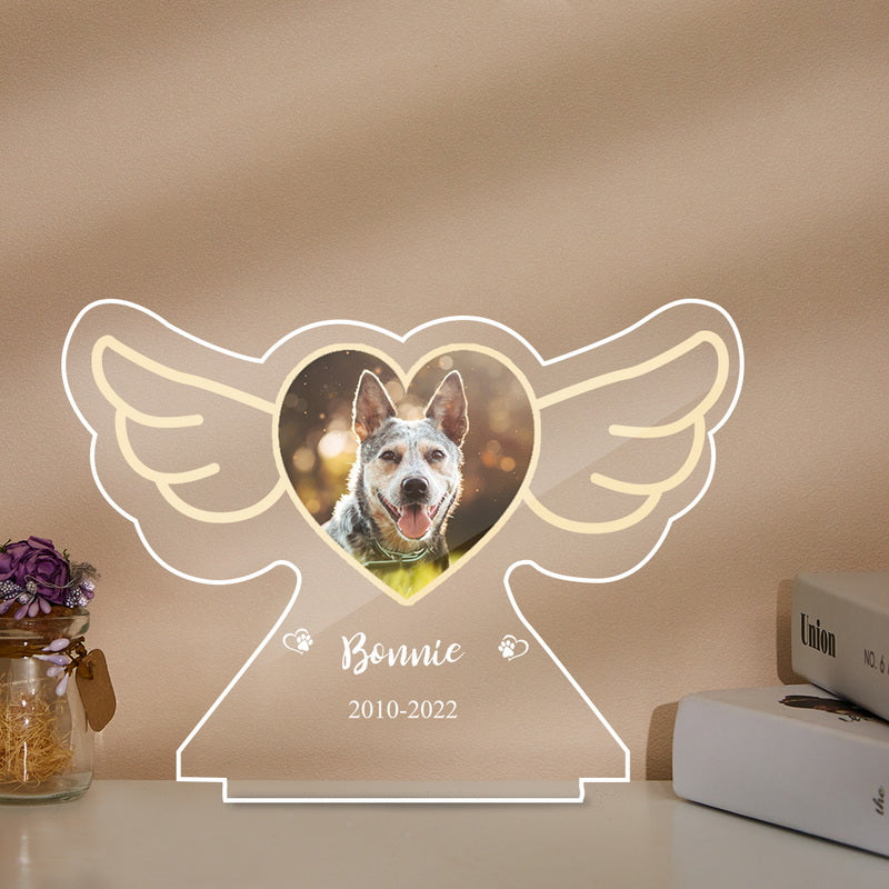 Angel Wings Dog Night Light – Personalized Acrylic Plaque with Wooden Base
