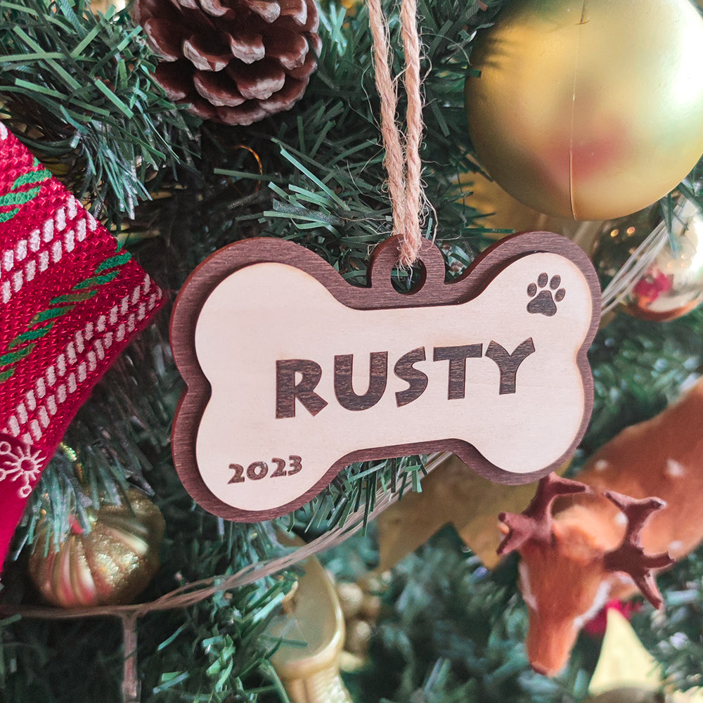 Personalized Dog Bone Christmas Ornament – Custom Wooden Pet Gift