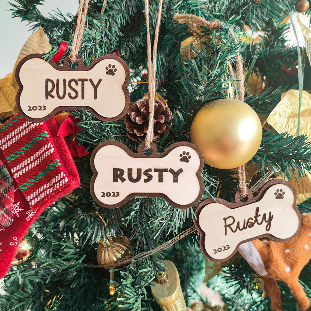 Personalized Dog Bone Christmas Ornament – Custom Wooden Pet Gift