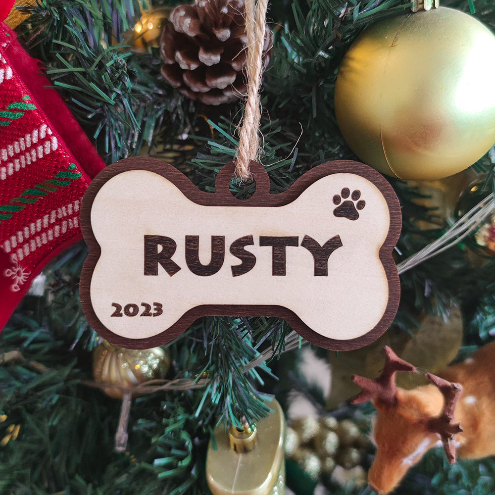 Personalized Dog Bone Christmas Ornament – Custom Wooden Pet Gift