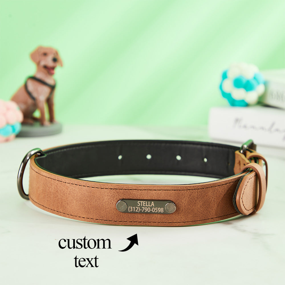 Personalized Leather Dog Collar – Custom Engraved Name & Phone Number