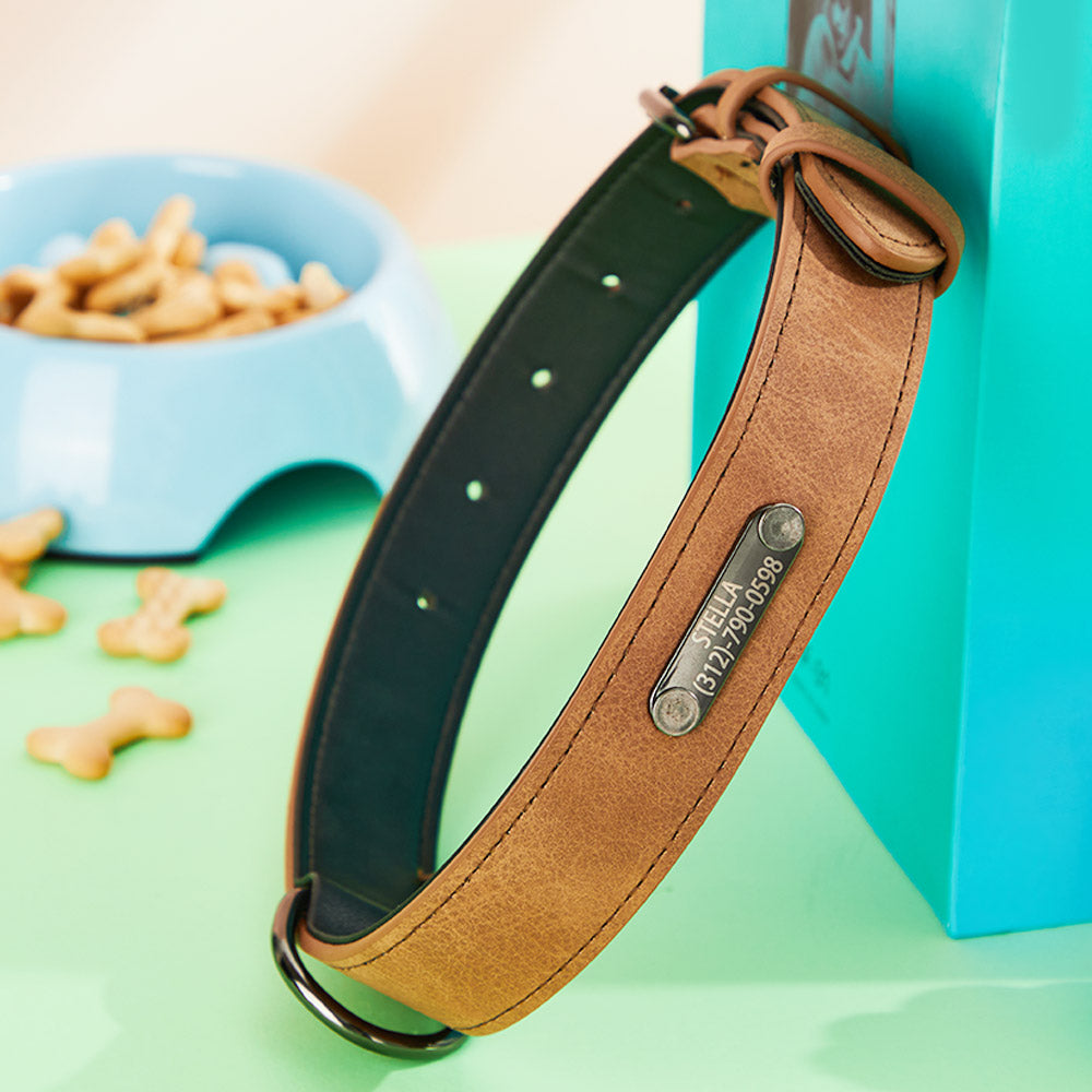 Personalized Leather Dog Collar – Custom Engraved Name & Phone Number