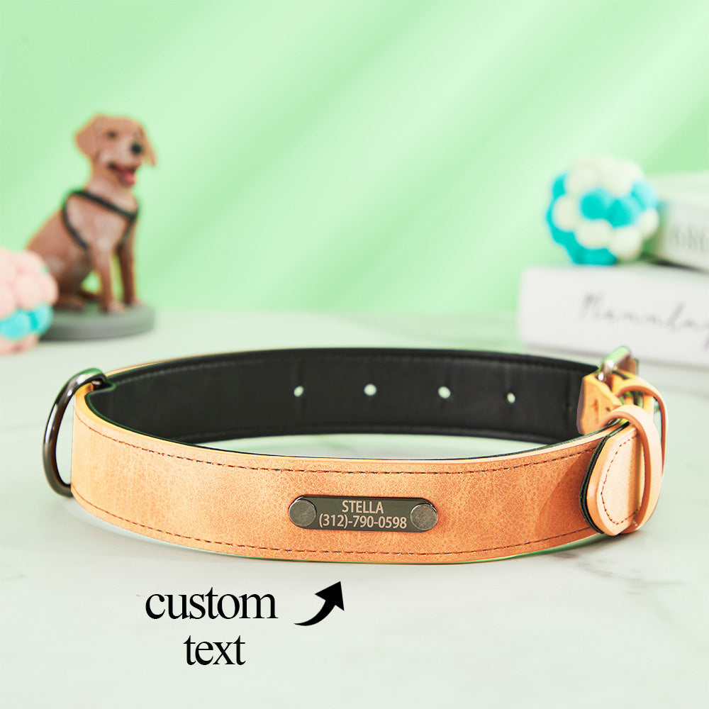 Personalized Leather Dog Collar – Custom Engraved Name & Phone Number
