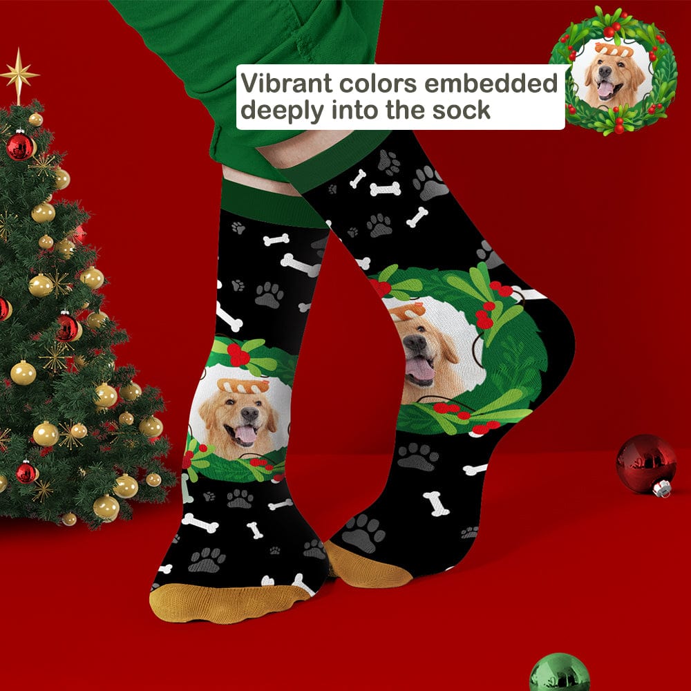 Custom Dog Photo Socks – Personalized Christmas Gift with Mistletoe & Bone Design