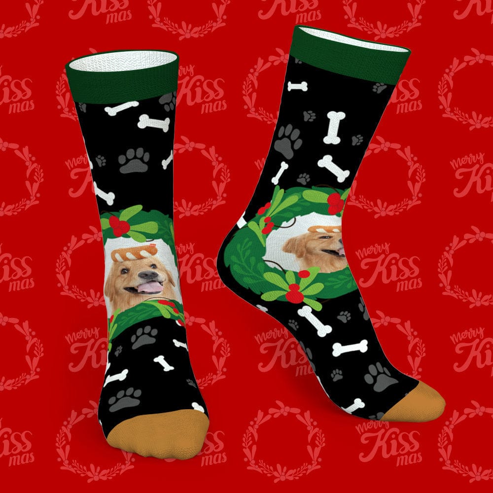 Custom Dog Photo Socks – Personalized Christmas Gift with Mistletoe & Bone Design
