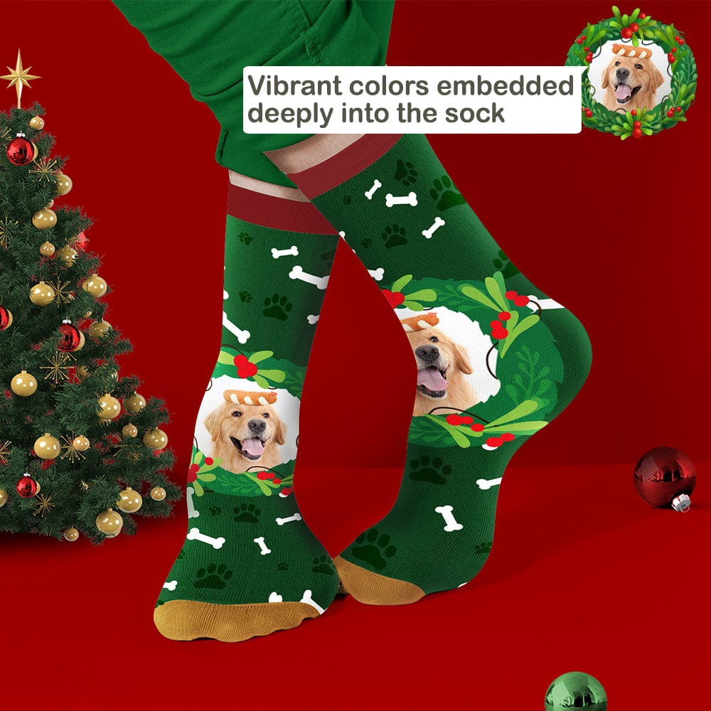Custom Dog Photo Socks – Personalized Christmas Gift with Mistletoe & Bone Design