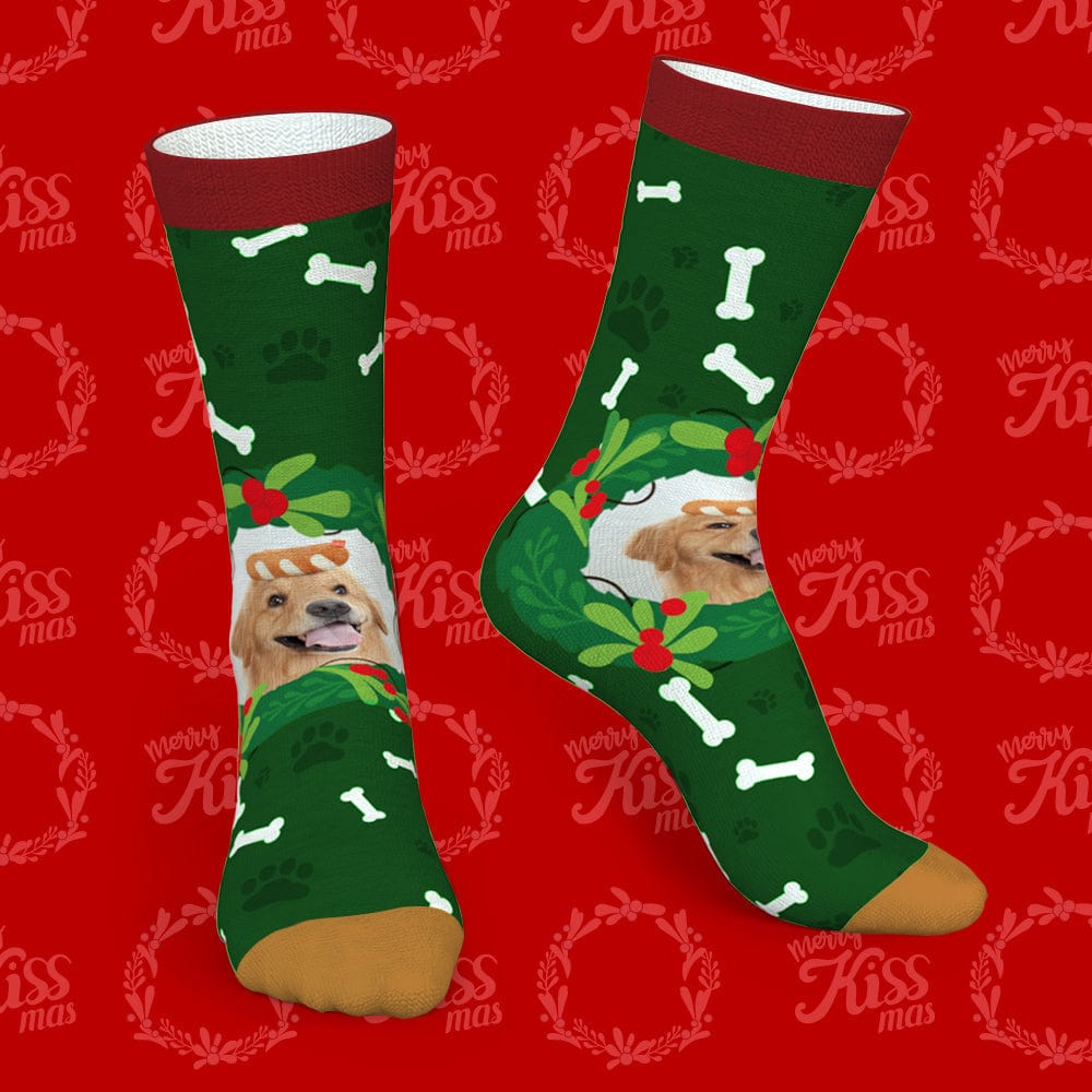 Custom Dog Photo Socks – Personalized Christmas Gift with Mistletoe & Bone Design