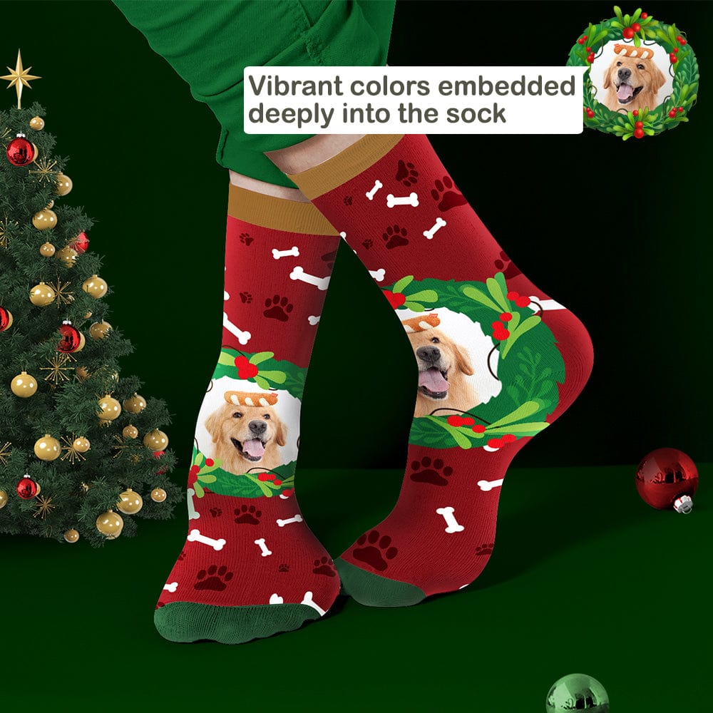 Custom Dog Photo Socks – Personalized Christmas Gift with Mistletoe & Bone Design