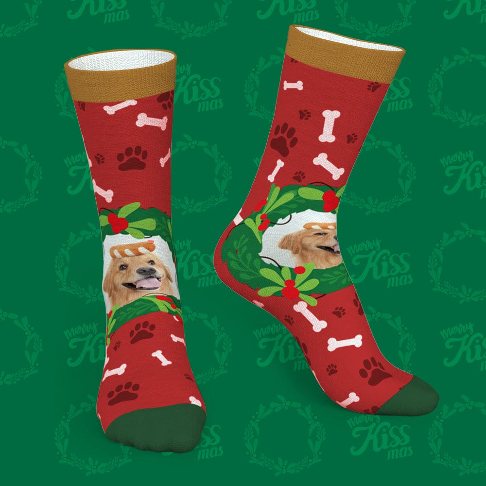 Custom Dog Photo Socks – Personalized Christmas Gift with Mistletoe & Bone Design