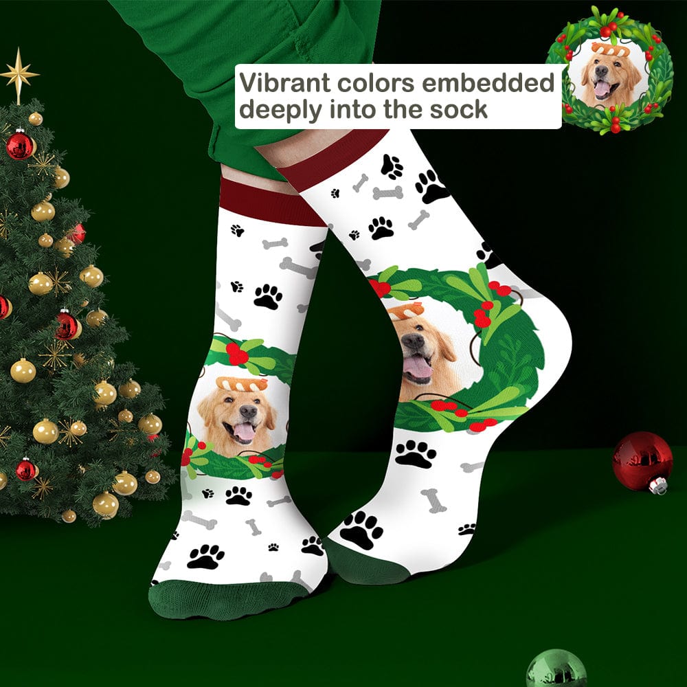 Custom Dog Photo Socks – Personalized Christmas Gift with Mistletoe & Bone Design