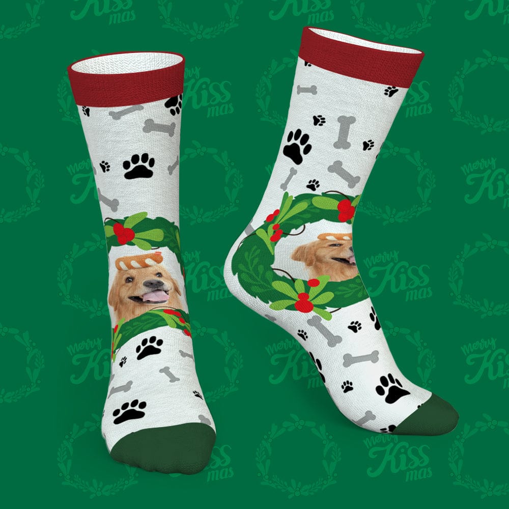 Custom Dog Photo Socks – Personalized Christmas Gift with Mistletoe & Bone Design