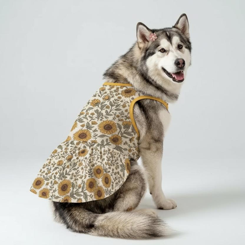 Vintage Sunflower Floral Large Dog Ruffle Dog Dress