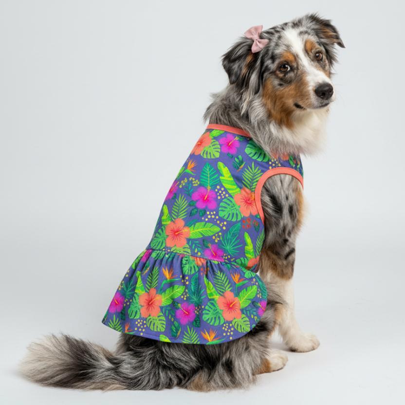 Tropical Palm Hibiscus Large Dog Ruffle Dog Dress