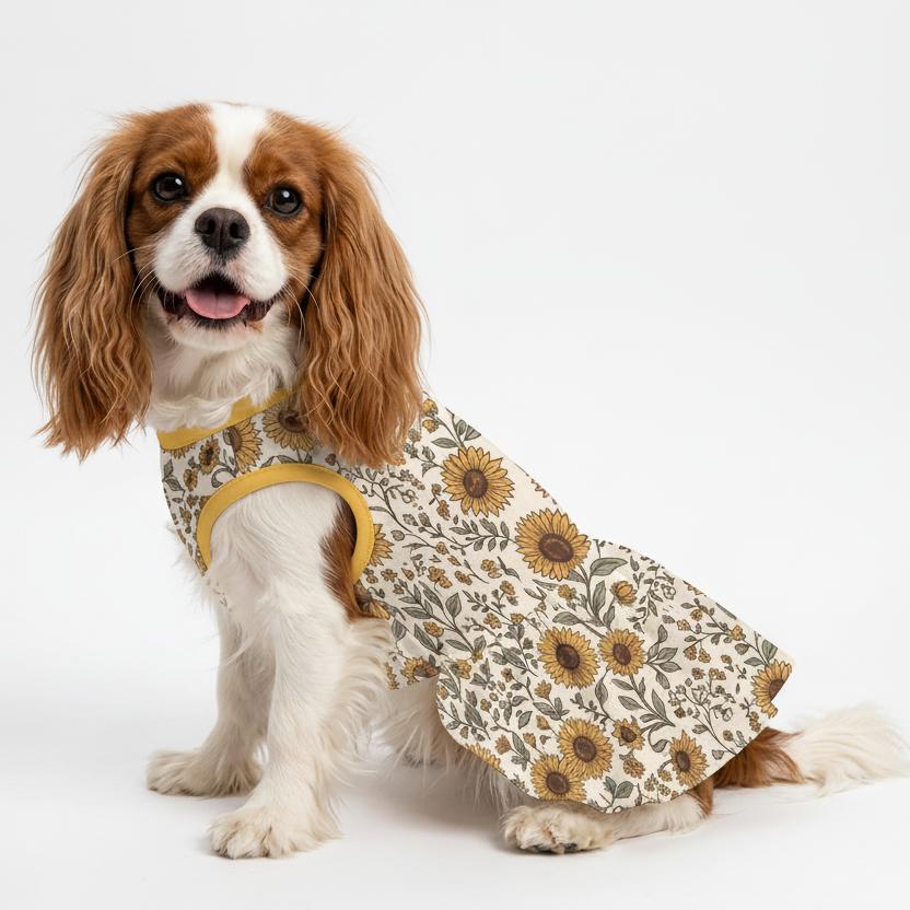 Vintage Sunflower Floral Small Dog Ruffle Dog Dress