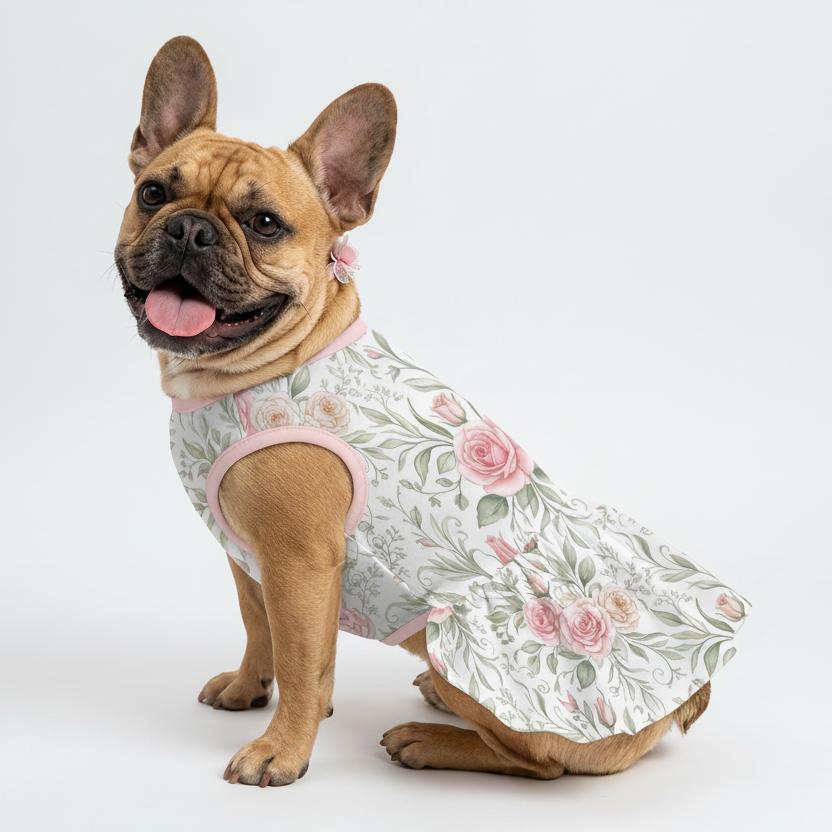Soft Pink Rose Floral Small Dog Ruffle Dog Dress