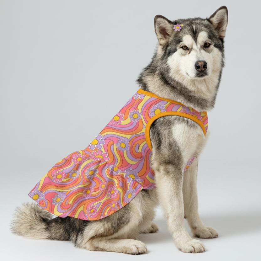 Retro Groovy Floral Large Dog Ruffle Dog Dress