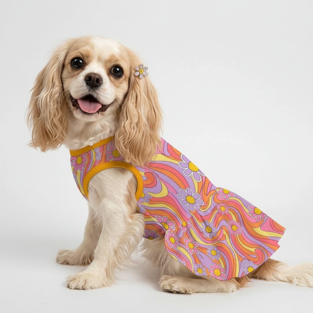 Retro Groovy Floral Small Dog Ruffle Dog Dress