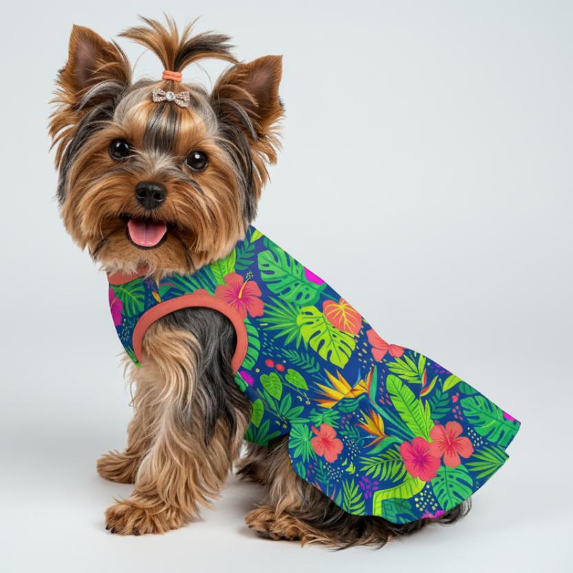 Tropical Palm Hibiscus Small Dog Ruffle Dog Dress