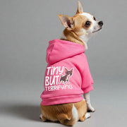 Chihuahua wearing a 'Tiny but Terrifying' hoodie
