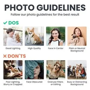 Photo guidelines for custom pet photo keychain, examples of good and bad photos