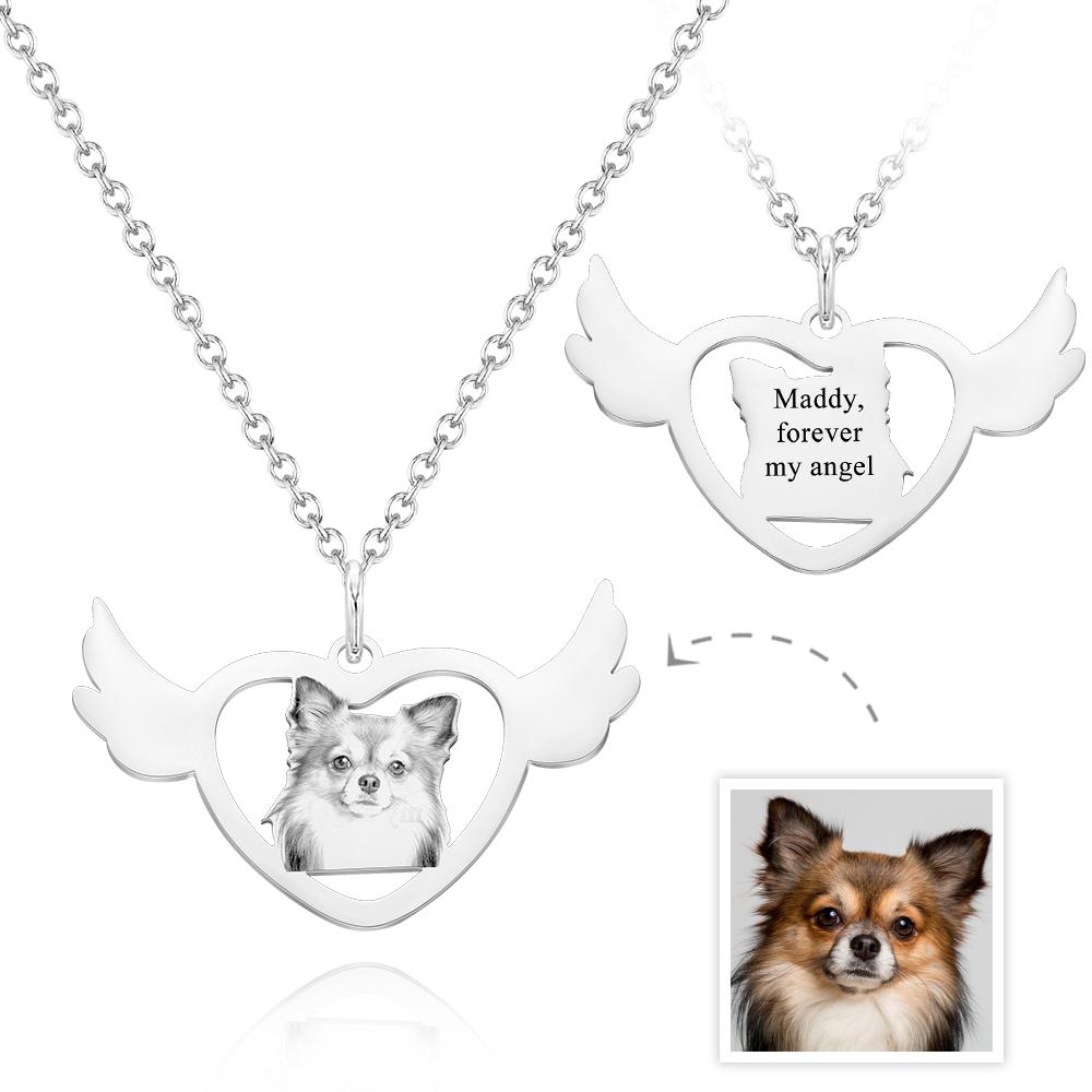 Custom Dog Photo Engraved Angel Wings Necklace – Personalized Memorial Jewelry