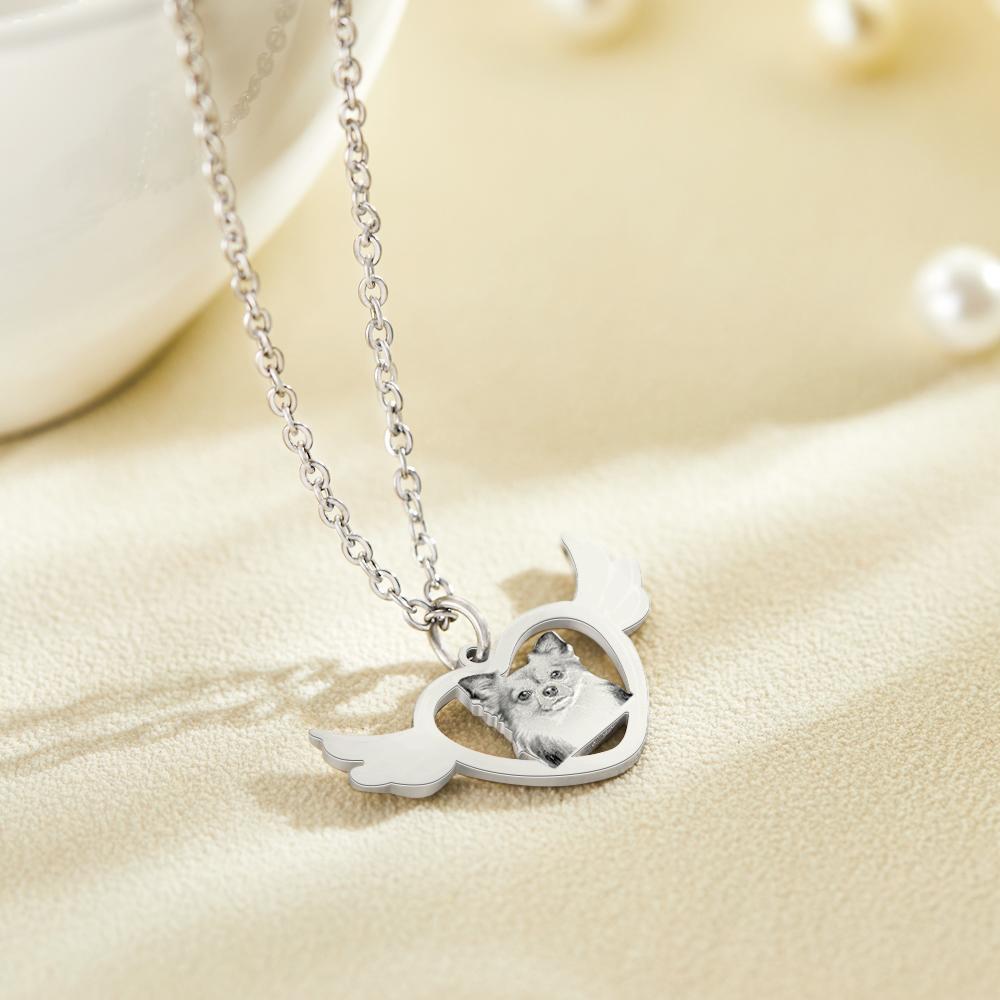 Custom Dog Photo Engraved Angel Wings Necklace – Personalized Memorial Jewelry