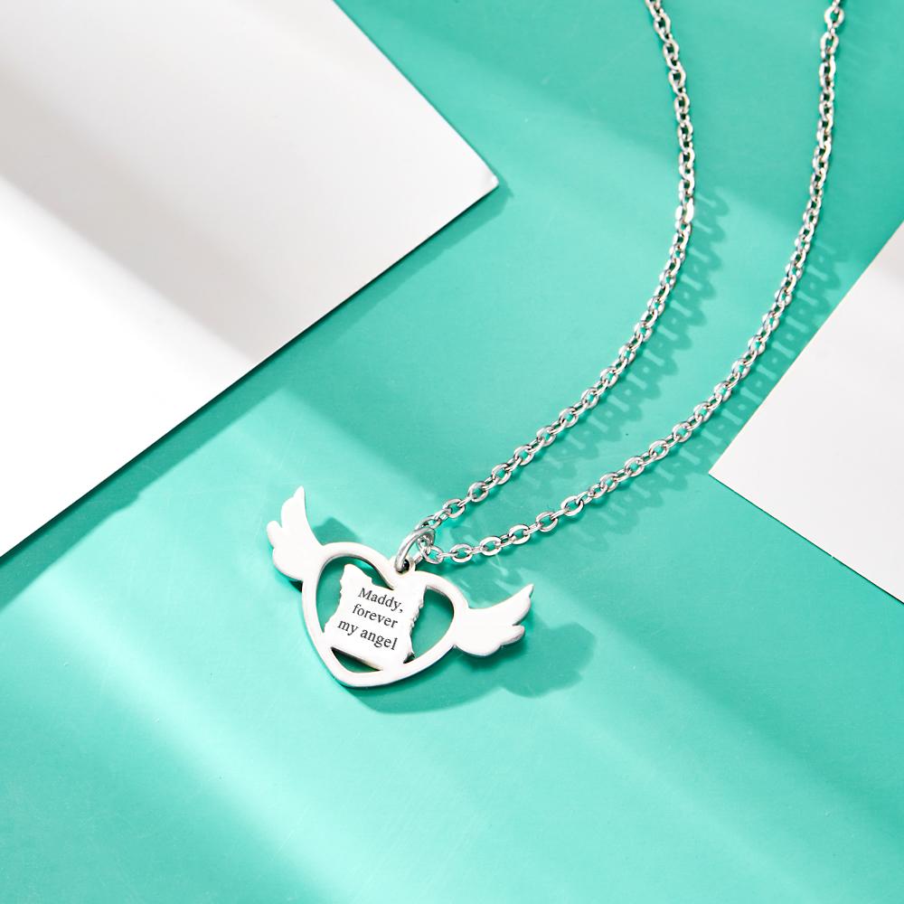 Custom Dog Photo Engraved Angel Wings Necklace – Personalized Memorial Jewelry
