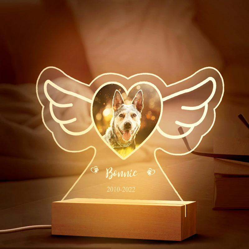Angel Wings Dog Night Light – Personalized Acrylic Plaque with Wooden Base