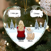 Personalized pet memorial glass ornament with custom names, heart shape.