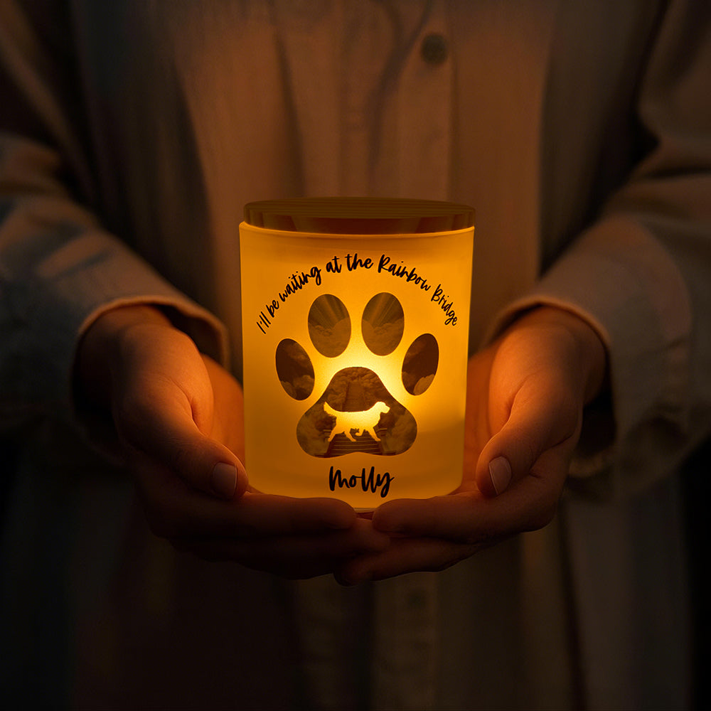Personalized Dog Silhouette Rainbow Bridge Paw Candle Jar
