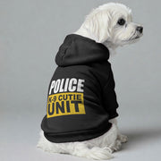 Maltese dog wearing a 'Police K-9 Cutie Unit' hoodie