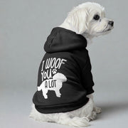 Maltese dog wearing an 'I Woof You a Lot' hoodie