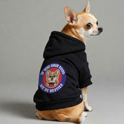Chihuahua wearing an 'If You Have Food, We're Besties' hoodie