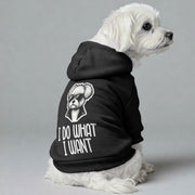 Maltese dog wearing an 'I Do What I Want' hoodie