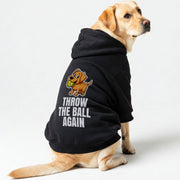 Labrador wearing a 'Throw the Ball. Again' hoodie